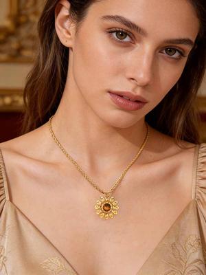 Fashion Flower Tiger's Eye Stone Pendant Necklace Women's Stainless Steel Twisted Chain Necklaces Natural Stone Jewelry