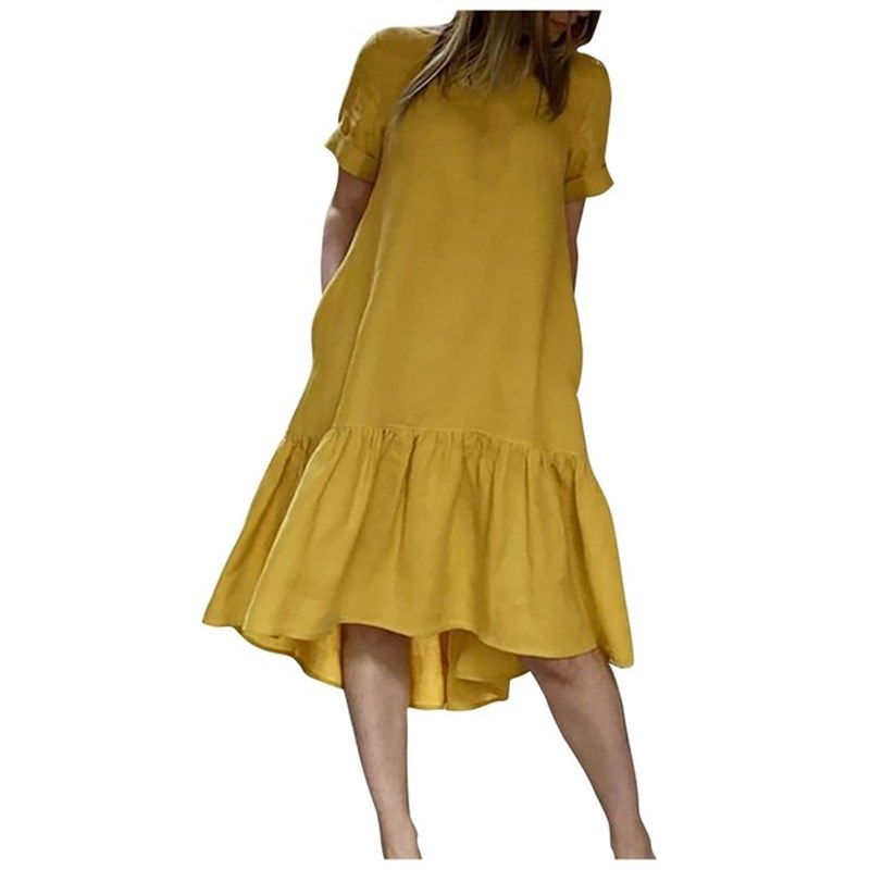 

Cotton Linen Ruffle Dress Ladies Allmatch Long Dresses 2021 Yellow L