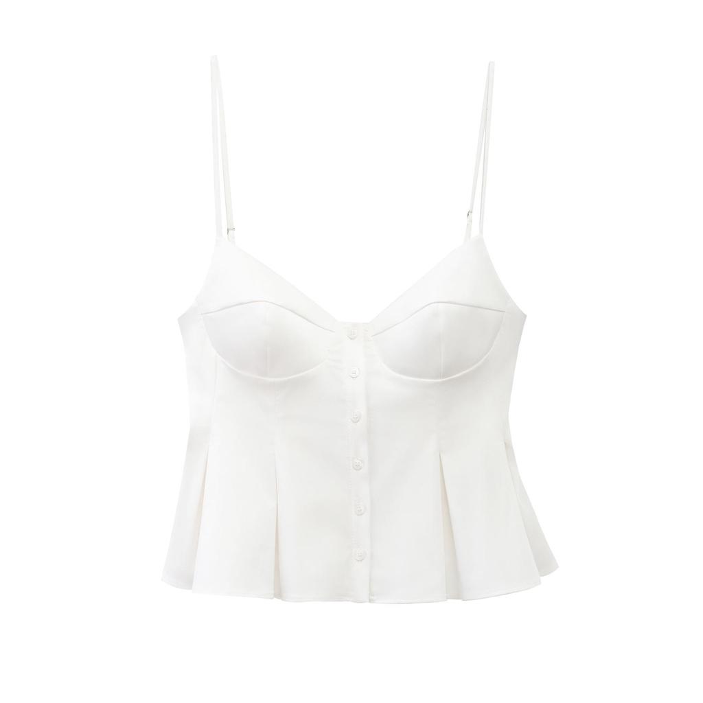 2025 Spring Sexy European & American Style Spaghetti Strap Pleated Poplin Top