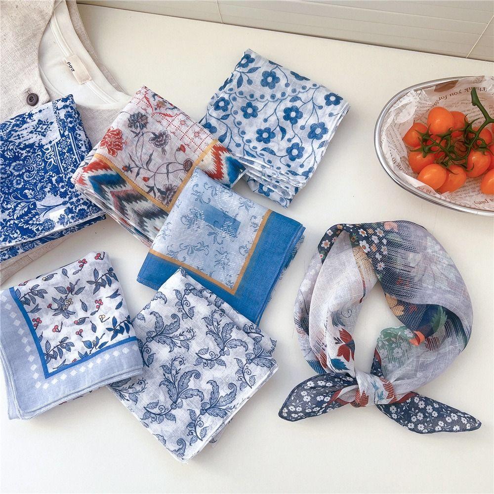 Flower Cotton Linen Print Scarves Floral Printed Silk Scarf Retro Square Handkerchief  Vacation