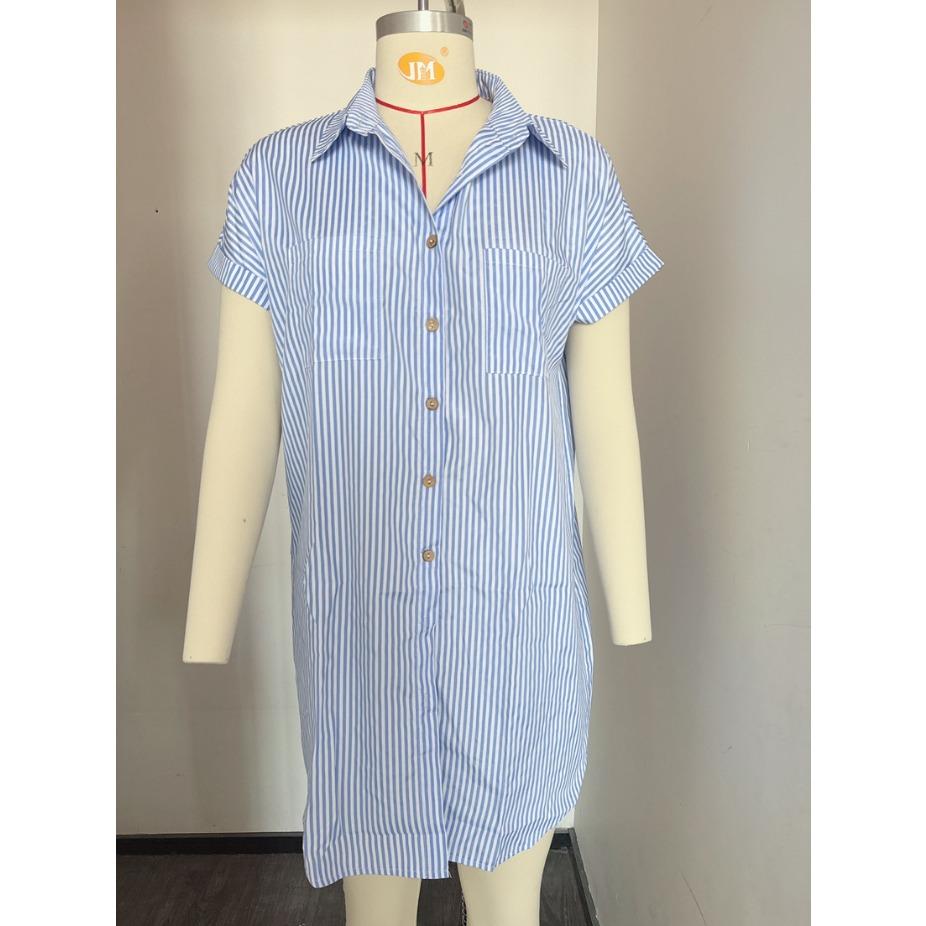 Summer Women's Short Sleeved Striped Cotton Linen Mid Length Shirt for Women Long Shirts
