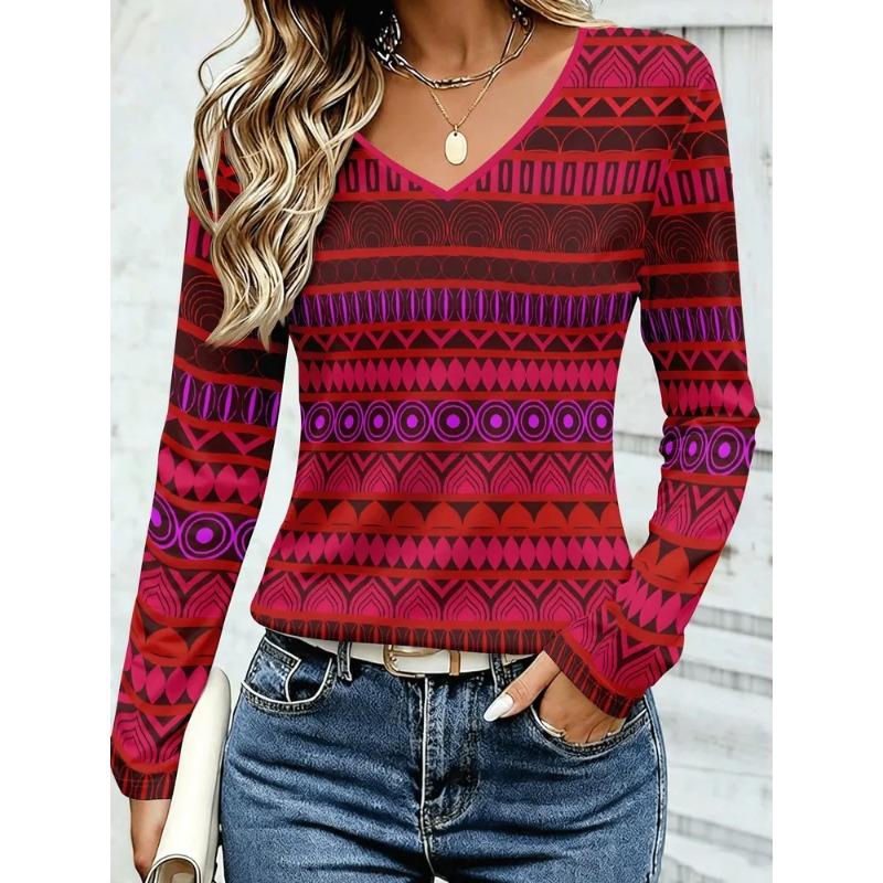 Women's Autumn 3D Printed V-Neck Long Sleeve T-Shirt
