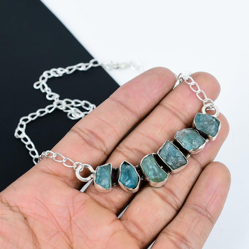 Natural Raw Apatite Gemstone Necklace In 925 Sterling Silver Handmade Gemstone Jewelry Perfect Gift for Her Boho Statement Necklace For Gift