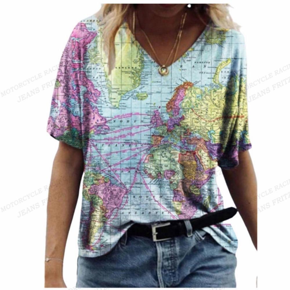 Women's T Shirt Map 3d Print T-shirt Women Fashion V-Neck T-shirts Short Sleeve Tops Tees Loose Tshirt Luxury Tshirt Casual