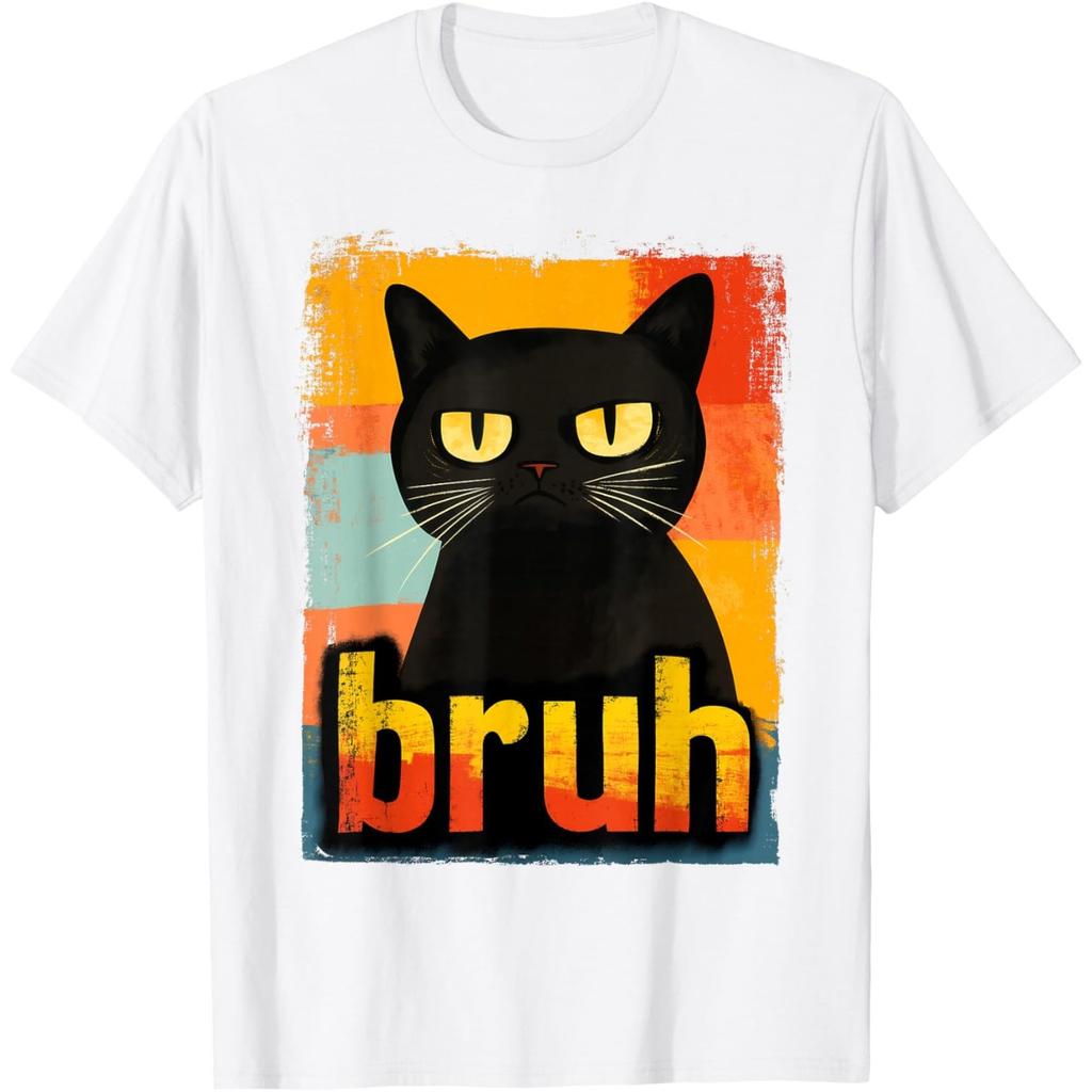 Bruh Grumpy Black Cat Meme Graphic TShirt Funny Retro Style Tee for Unisex Women