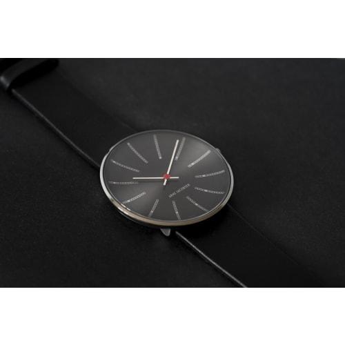 ARNE JACOBSEN BANKERS 53118-2001P Watch, 40mm, Scandinavian Design, Water Resistant (Quiet Design with No Second Hand), Gray with Black Leather Strap