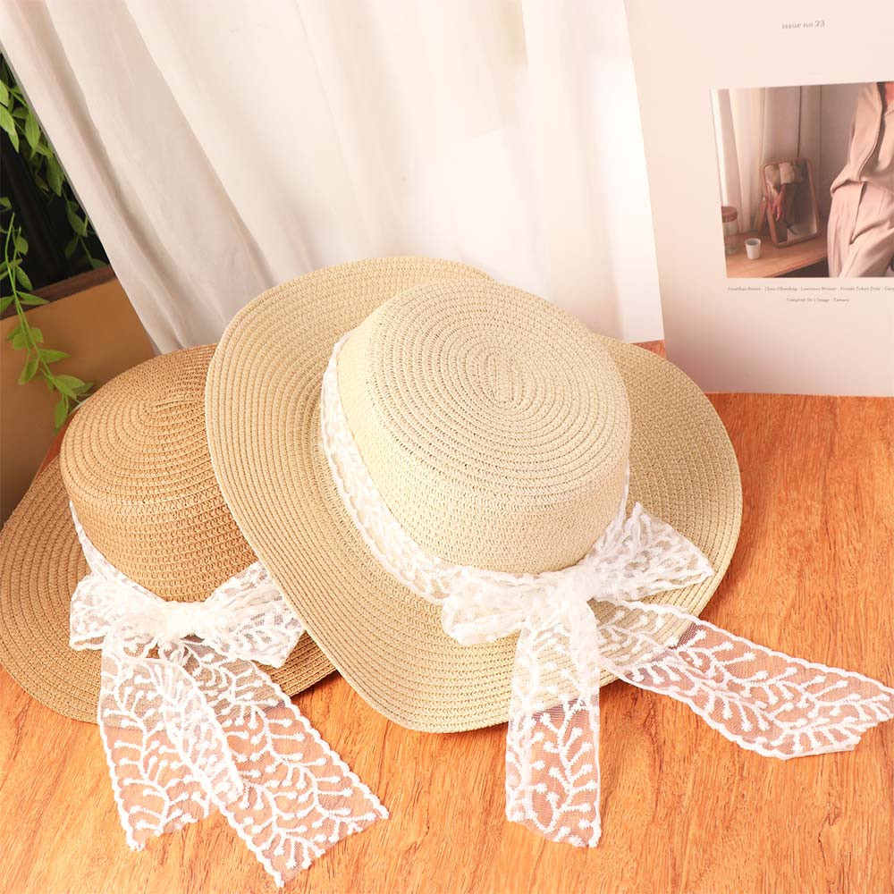 Spring Summer Flat Top Straw Hats French Style Women's Sun Hat Trendy Bow Ribbon Straw Hat Girls