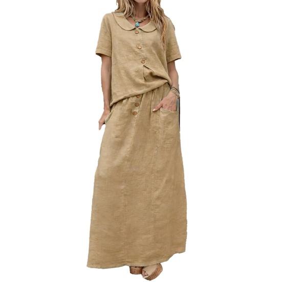 Women's 2 Piece Skirt Set Cotton Linen Short Sleeve Top And Maxi Skirt Matching Sets Summer Casual Vacation Outfits with Pockets