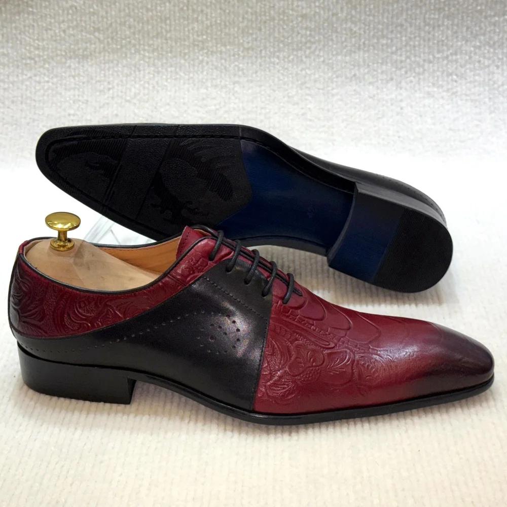 Fashion Luxury Men's Genuine Leather Dress Shoes Black Red Pointed Cap Toe Formal Oxford Lace-Up Party Wedding Footwear