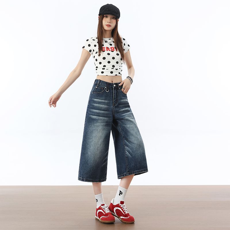 Trendy Summer Vintage Blue Loose Straight Denim Cropped Capri Pants Versatile Slimming Basic Daily Trousers