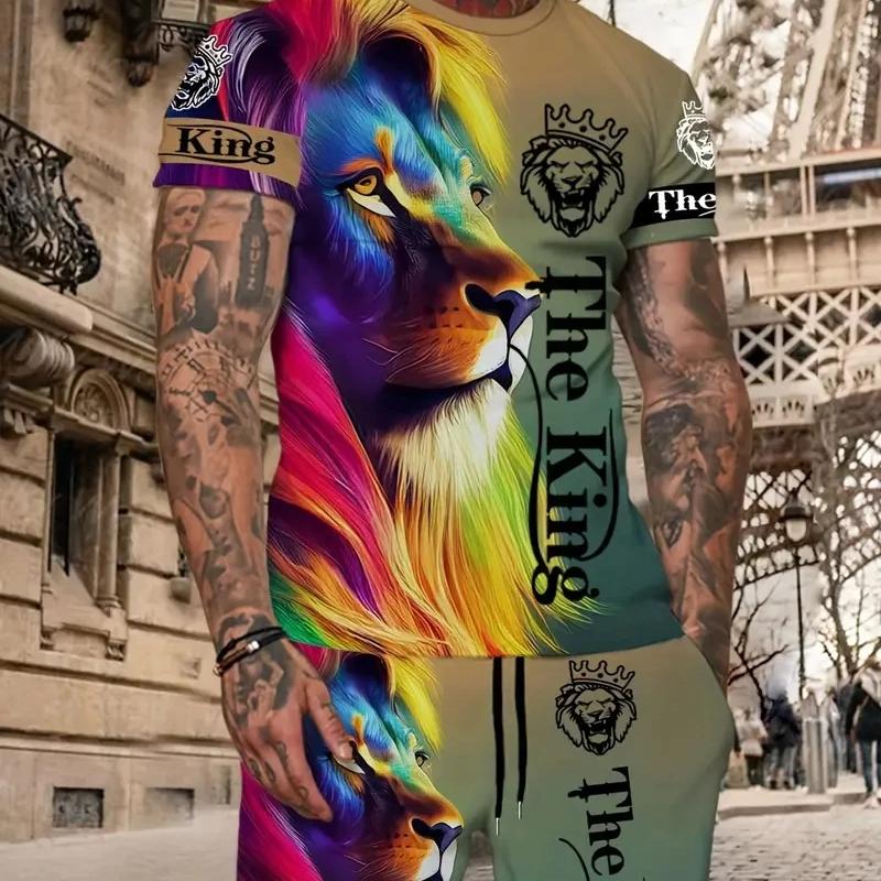 

Мужской комплект футболок и шорт с 3D-принтом льва, летняя мужская одежда, большие размеры