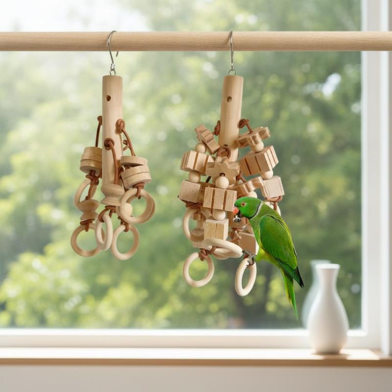 1Pcs Parrot Biting Toy Wood Blocks Parrot Chew Toy With Wooden Rings Hanging Bird Cage Accessory For Parakeet Conure Cockatiel