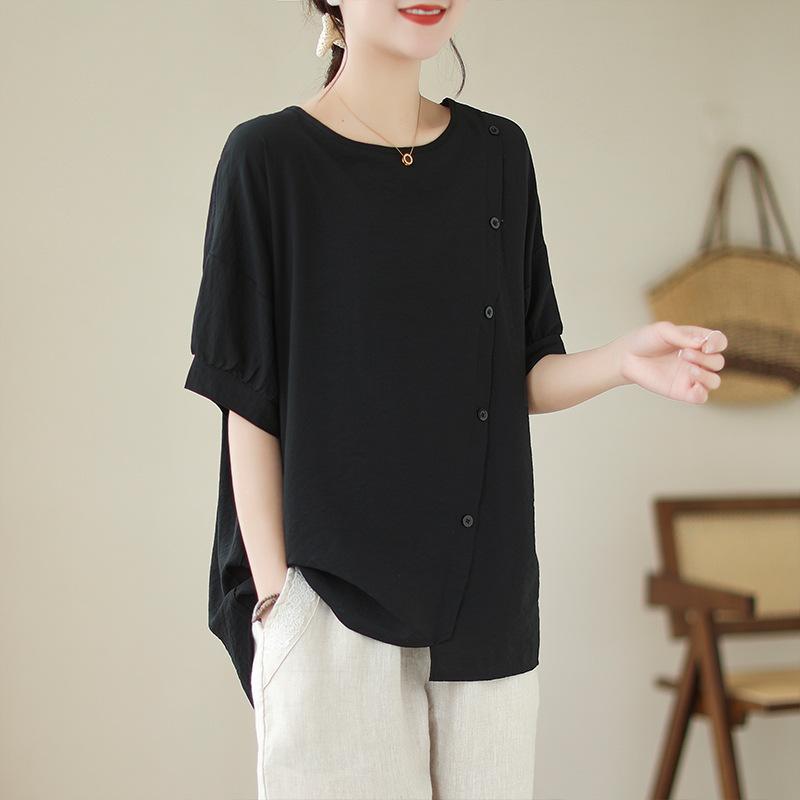 

Летняя футболка свободного кроя с короткими рукавами и асимметричным кроем в стиле пэчворк для женщин XL чёрный