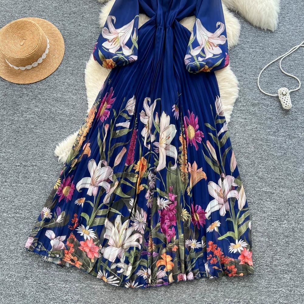 Hochwertiges bedrucktes Kleid für Damen Frühling Herbst A Schlank machende Taille und elegantes plissiertes langes Damenkleid