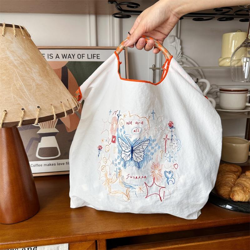 Small Fresh Embroidery Handheld Oxford Bag Girls Sweet Shopping Cloth Bag Student Class Handbag