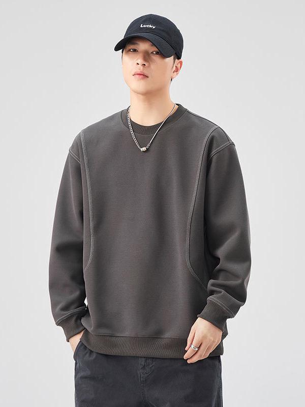 Herren Amerikanisches Retro Plüsch Nähte Rundhals Sweatshirt – Einfarbige, Vielseitige, Lockere Passform Freizeit Oberteil