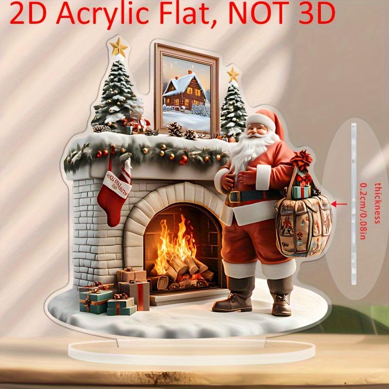 2D Flat Acrylic Christmas Desk Deco with Base Santa Claus Fireplace Scene with Gift Design Indoor/Outdoor Home Office Decoration