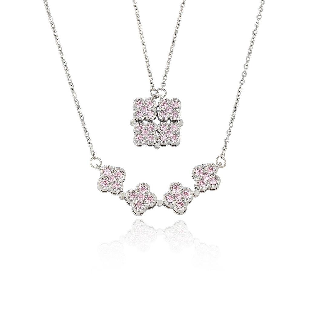 Women's Foldable Heart-to-Heart Four-Leaf Clover Necklace with Colorful Diamond Accents