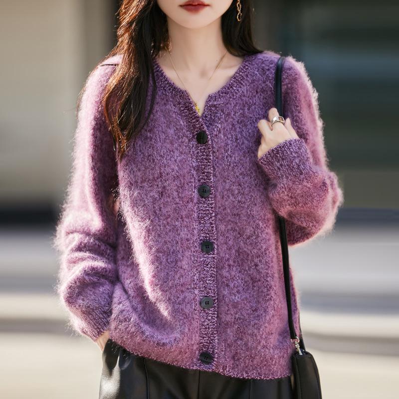 Luxurious Women's V-neck Cashmere Wool Blend Loose Brushed Cardigan in Marled Yarn Style