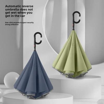 Reflective Strip Car-mounted Dual-layer Auto Reverse Umbrella - Wind-resistant, Large, for Sunny and Rainy Days.