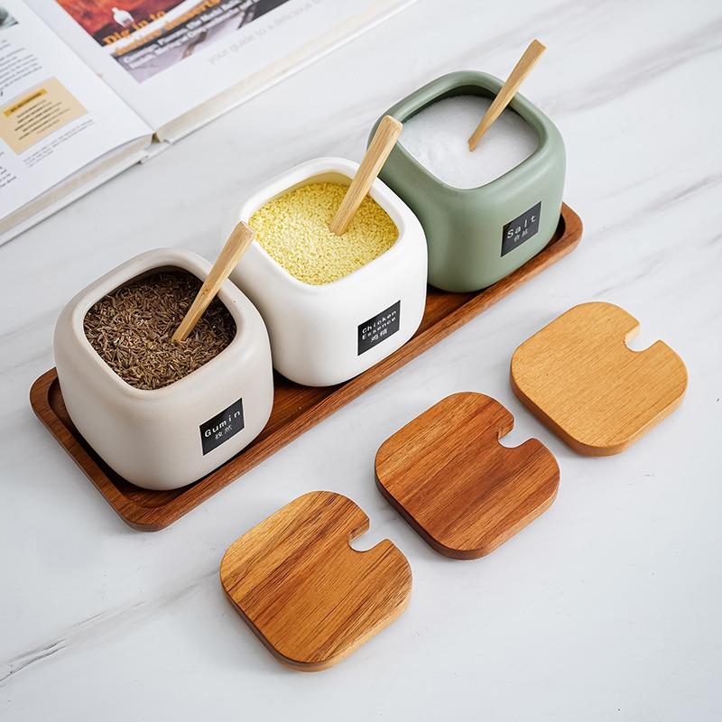 Japanese Style Kitchen Frosted Ceramic Spice Jar Set Creative Simple Seasoning Box 3-piece Set Salt, Sugar and Pepper Shakers