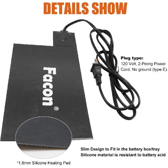 Facon 8-1/2'' X 5-1/2'' Silicone Battery Heater Pad With Thermostatically Controlled, Automotive Electric Silicone Battery Warmer Pad, 120V, 60Watts