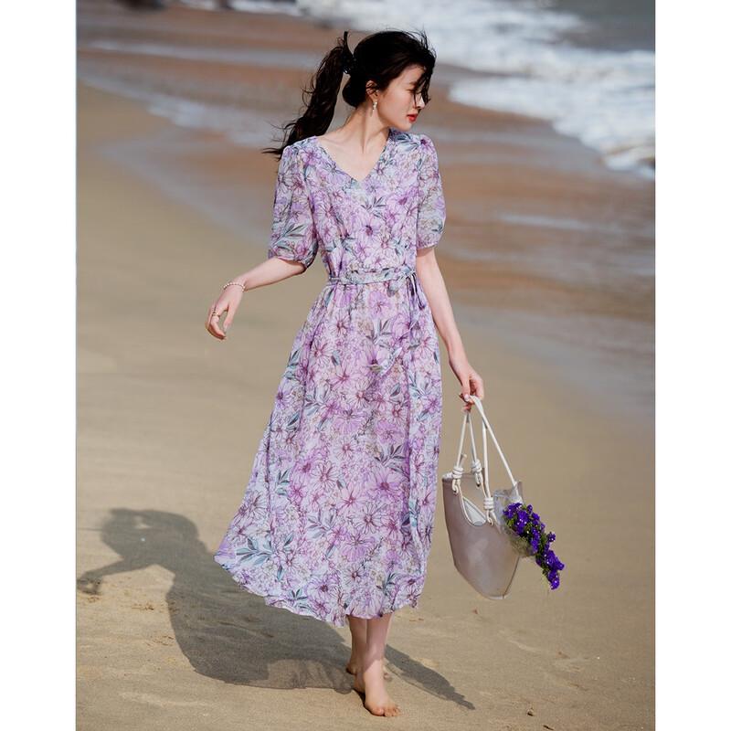 Demana 'Blossom Radiance' Printed Chiffon V-Neck Belted Irregular Hem Dress