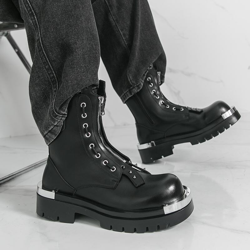 Men Motorcycle Black Thick Sole Height Increase High Boots Street Style Cool Elevator Punk Boots Large Size