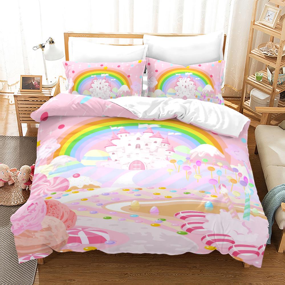 3D-Regenbogen-Bettwäsche-Set, niedlicher Cartoon-Bettbezug, 2/3-teilig, EU135 * 200, volle Größe, Einzel- oder Doppelbett, Mädchenzimmer, weiche Heimtextilien