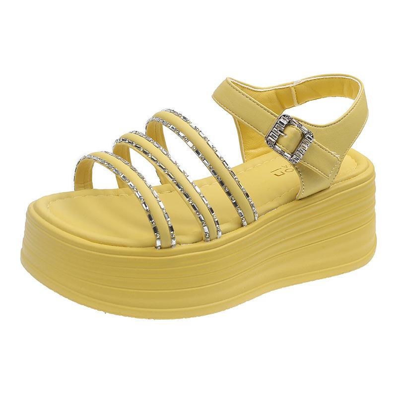 Spring and Summer New Thick-soled Heightening Sandals Women's Small High Heels with Skirts French Rhinestone Open-toed Beach Shoes