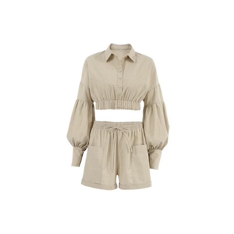 2026 Cotton Linen Set Womens Casual Street Style Short Shirt Shorts Two Piece Outfit