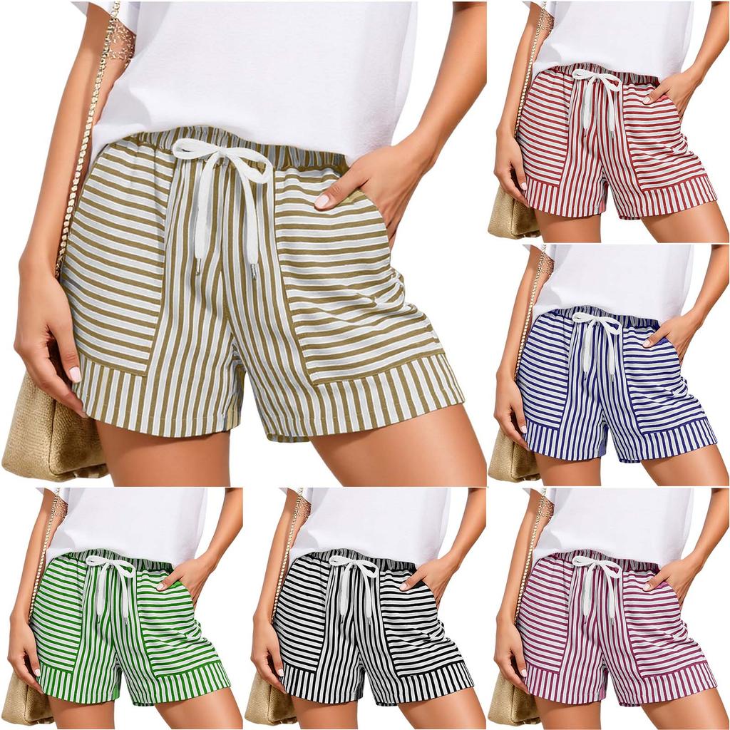 Women’s Drawstring Waist Striped Shorts with Elastic and Front Patch Pockets Lightweight Casual Style for Summer