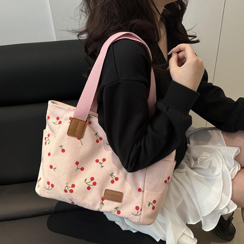 Corduroy Tote Bag Cute Cherry Patched Purse for Women Fabric Large Capacity Tote Purse Shoulder Bag Casual Underarm Bags CLE