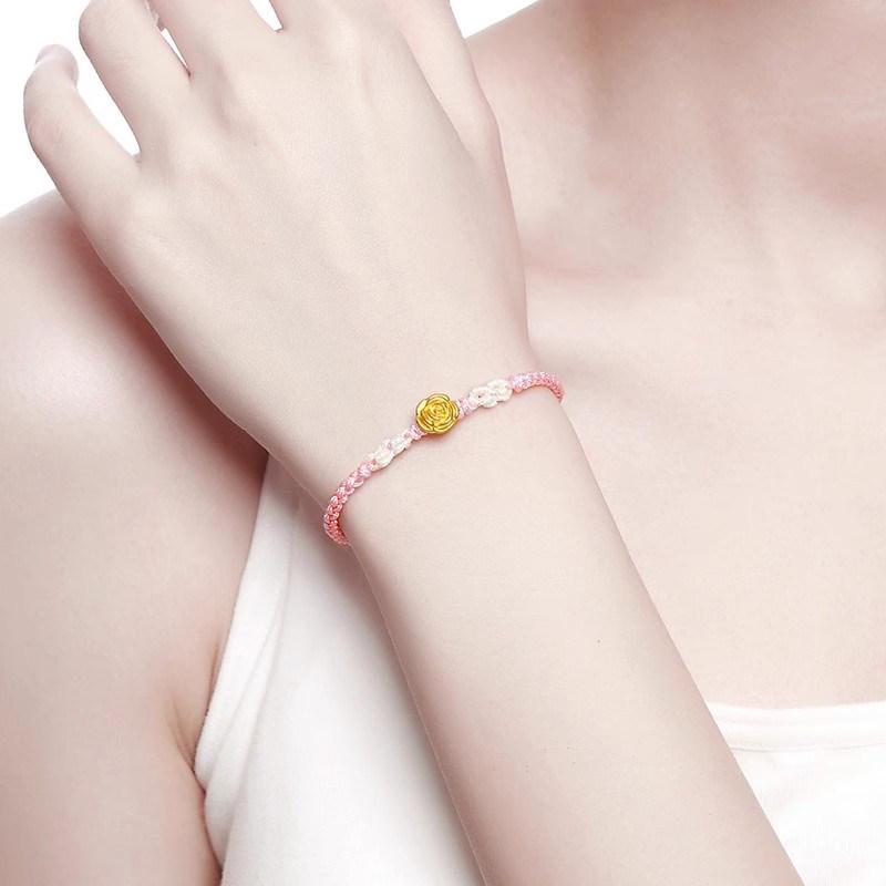 999 Pure Gold Rose Flower Bracelet: Luck Beads Woven Couple's Gift for Girlfriend, Best Seller