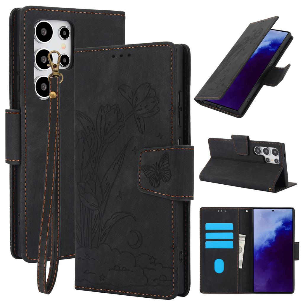 Blumenmuster Lederhülle für Samsung Galaxy S26 Ultra Pro S25 S24 Plus S23 Fe S22 S21 S20 Note 20 Kartenfach Handgelenkschlaufe Abdeckung