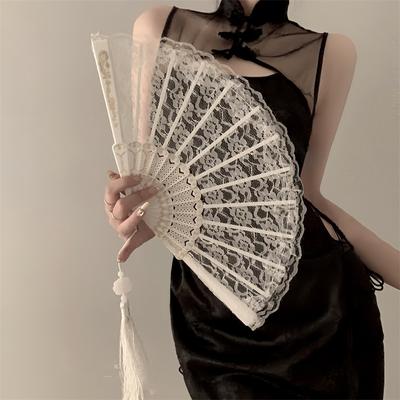 New Chinese Retro Black Lace Folding Fan JK Lolita Hanfu Cheongsam Fan Tassel Antique Style Photo Prop Female