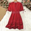 Women’s V Neck Short Sleeve Tiered Mini Dress with Lace Trim and Puff Sleeves for Casual and Daily Wear
