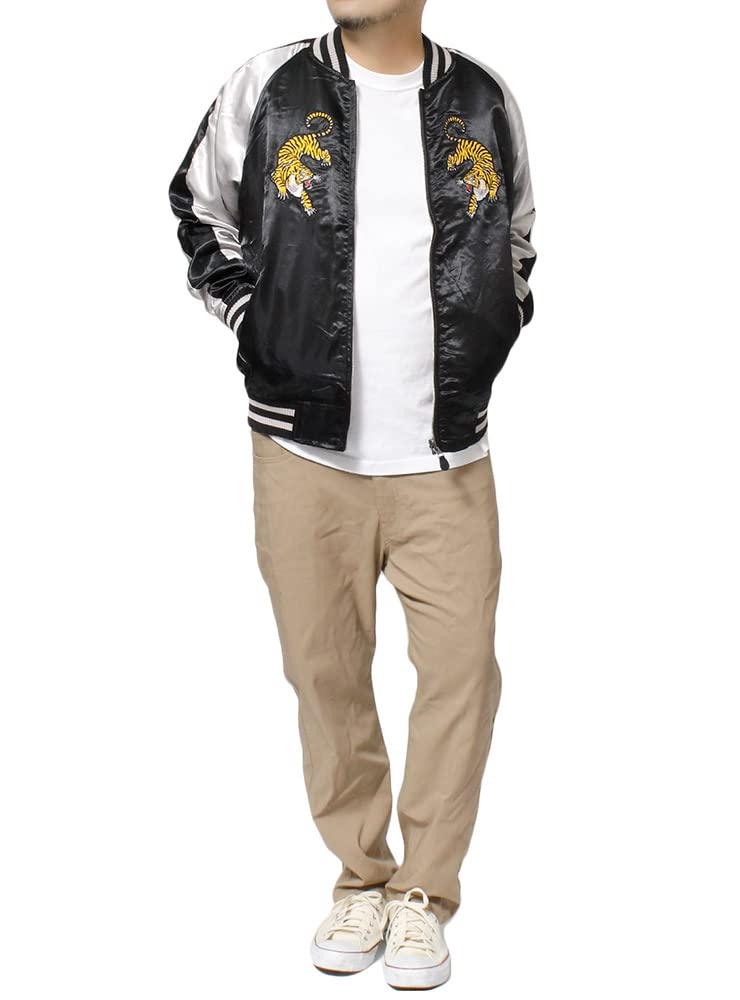 Sukajan Large Size Reversible Tiger Pattern Dragon Pattern Japanese Pattern Embroidery Print Satin Blouson 3L Black [One Colors] Men's MA-1