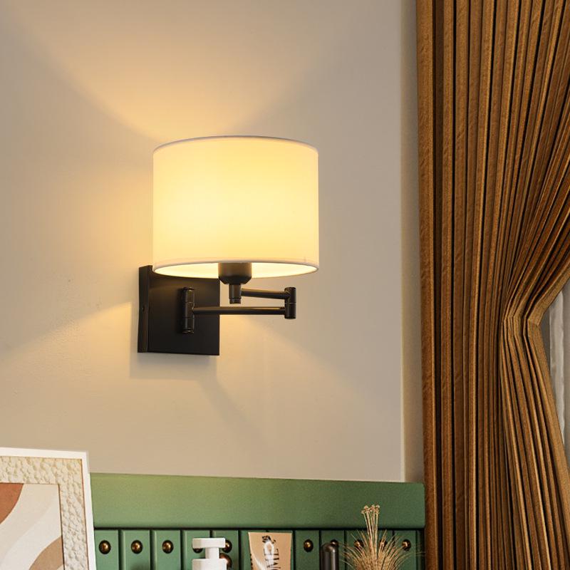 Modern LED Swing Arm Wall Light with Fabric Shade for Bedroom, Study, or Living Room.