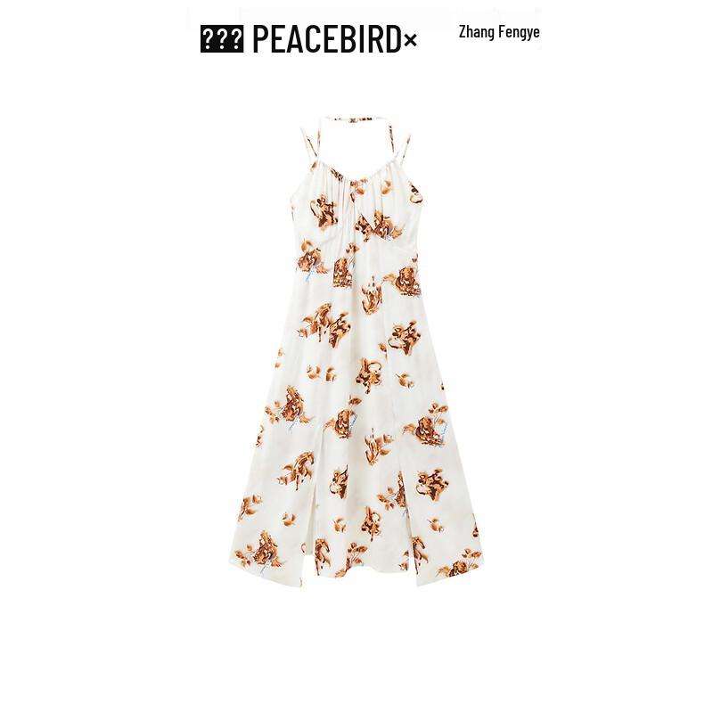 

Женское осеннее длинное платье с принтом и вырезом халтер M