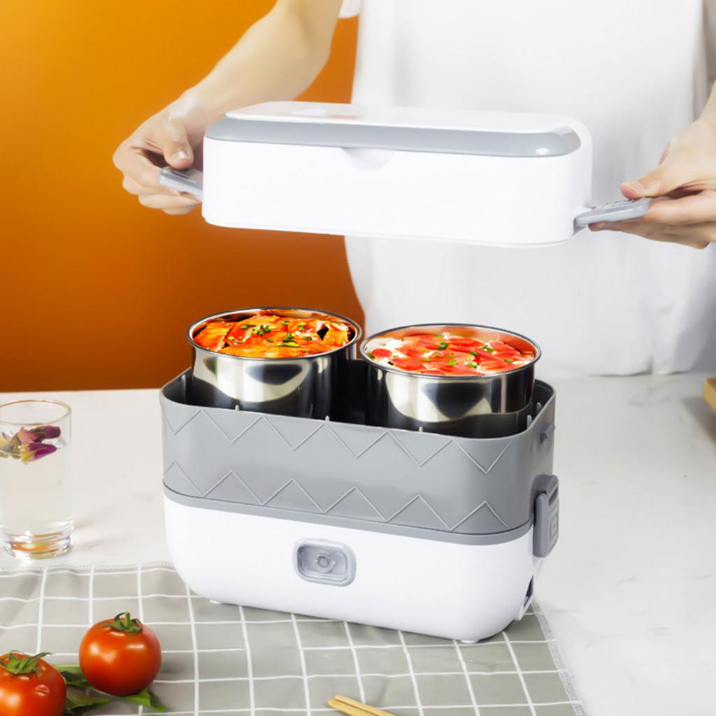 2-Tier Electric Lunch Box Food Heater Portable Travel Cooker 110V 200W Stainless Steel Insulated Bento Container W/ Fast Heating