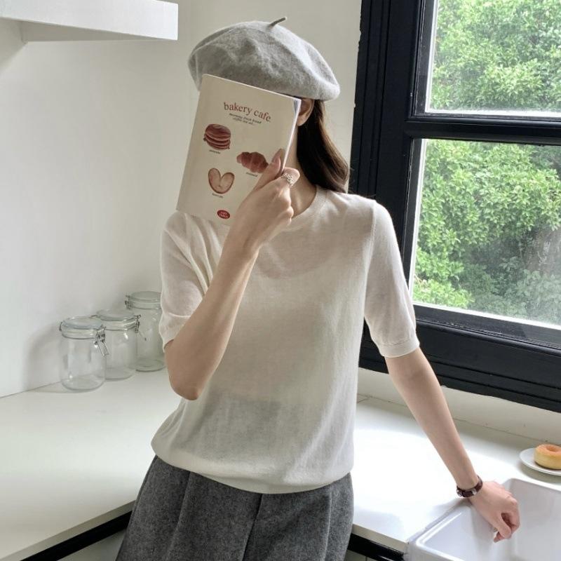 Crew neck versatile loose 0 wool sweater top early autumn model with thin simple knitted sweater women