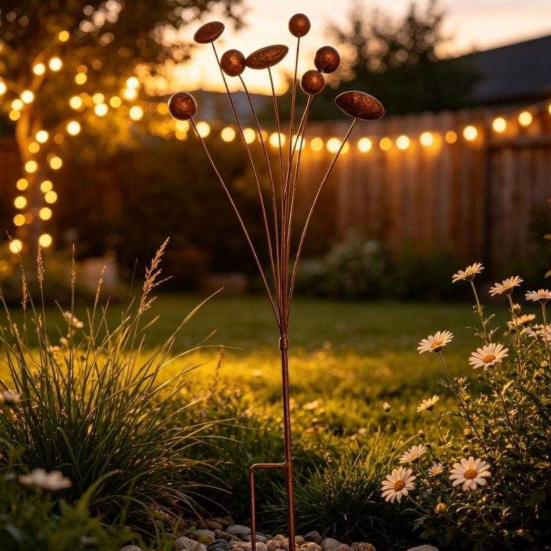Aged Brown Flower Yard Sculpture with Slender Iron Stems and a Twin-Point Soil-Insert Base for Adding Country Character Among Garden Flowers