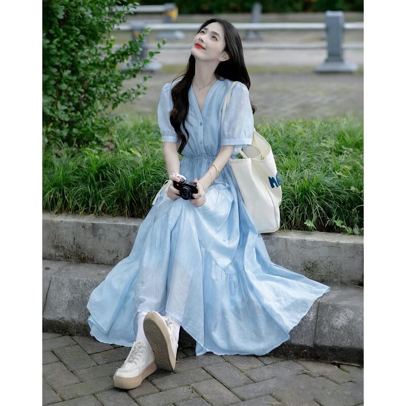 MT Elegant Lyocell V-Neck A-Line Dress M