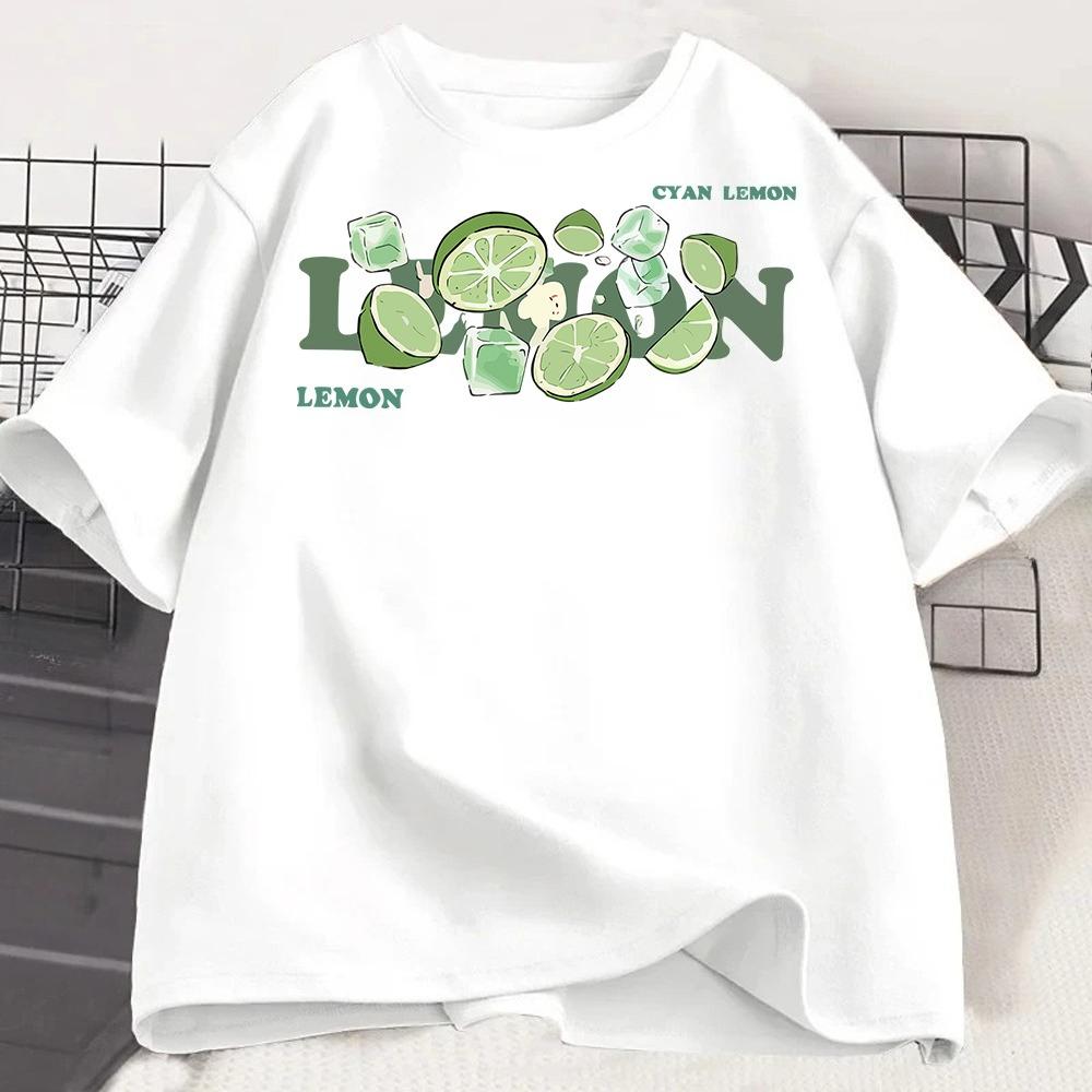 Lemon Letter Print Tshirt Short Sleeve Crew Neck Casual Top For Summer Unisex Kawaii Streetwear Graphic Tees Vintage Fruit Shirt