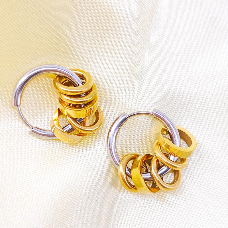 Trendy 18K Gold Stainless Steel Color Block Polished Round Hoop Earrings - Non-Fading, Versatile Jewelry