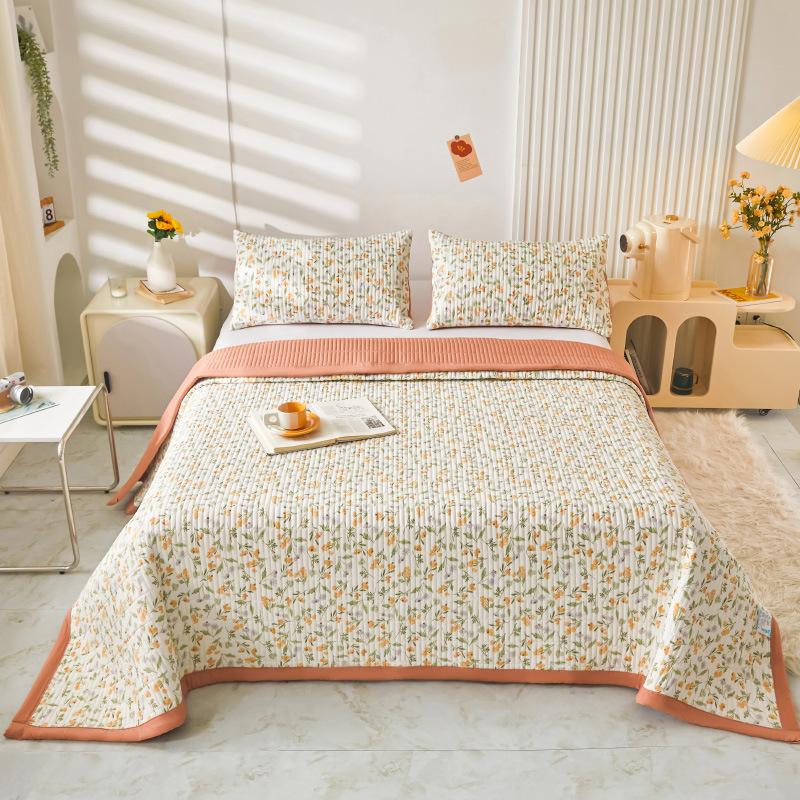 3PC Garden Floral Bed Cover Double Gauze Washed Cotton Skin Friendly Bed Cover Thin Quilt