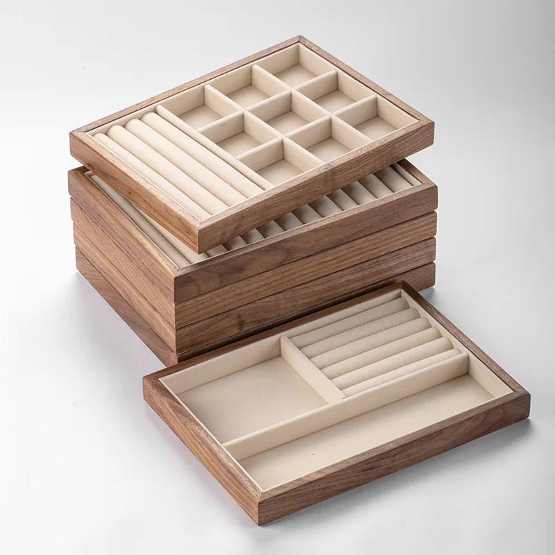 HeMu-Black Walnut Solid Wood Jewelry Storage Box, Large Capacity, Stackable, Earrings, Necklace, Small Decoration