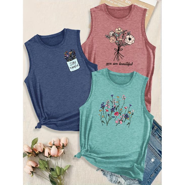 Women's Elegant Style Simple Fresh Line Letter Combination Gift Print Pattern Round Neck3Sleeveless Vest Spring/summer Women's Top