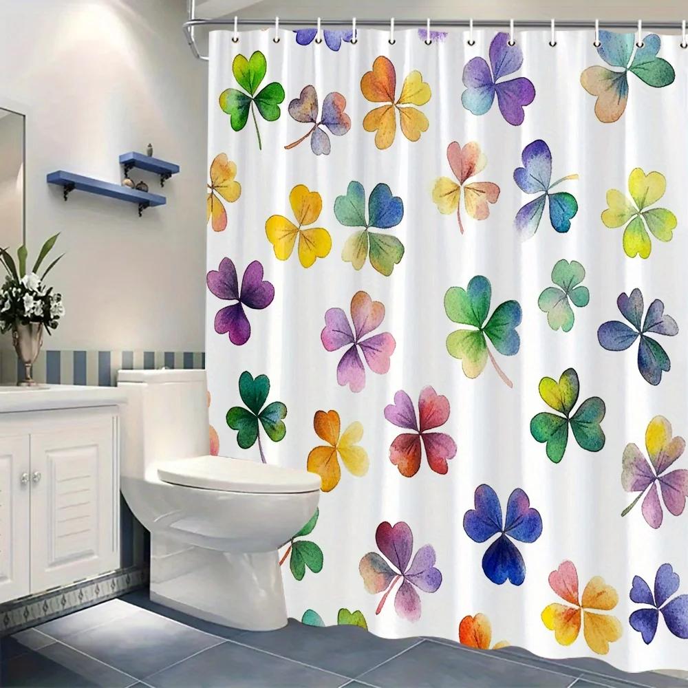 Four-Leaf Clover Curtain - Digital Watercolor, Green/Yellow/Red/Blue, Polyester, 12 Hooks, Machine Washable, Festive Decor